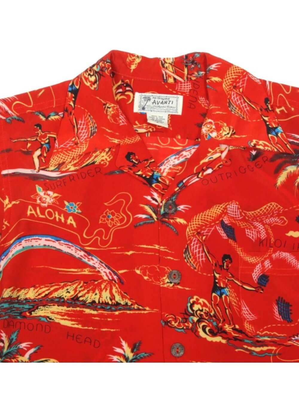 VTG AVANTI Silk Aloha Graphic Print Shirt-Surfers/Outriggers Hawaiian sz P /773